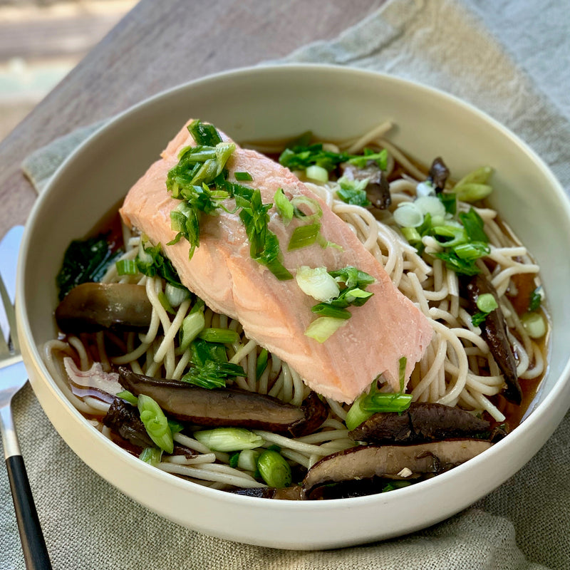 Japanese Buckwheat Noodles with Salmon, Portobello & Scallions