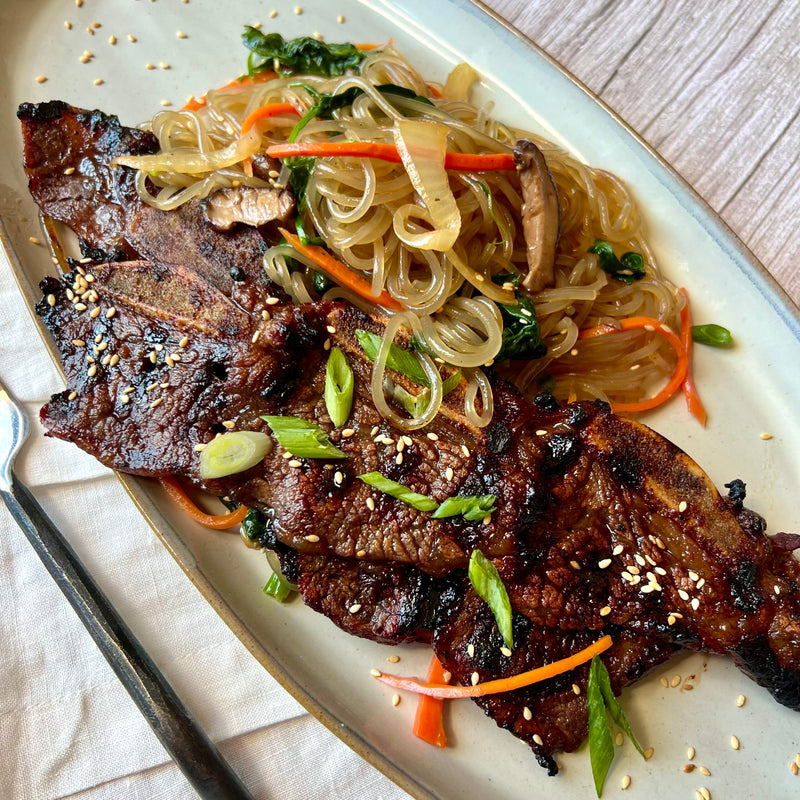 BBQ Korean Short Ribs over Japchae Noodles