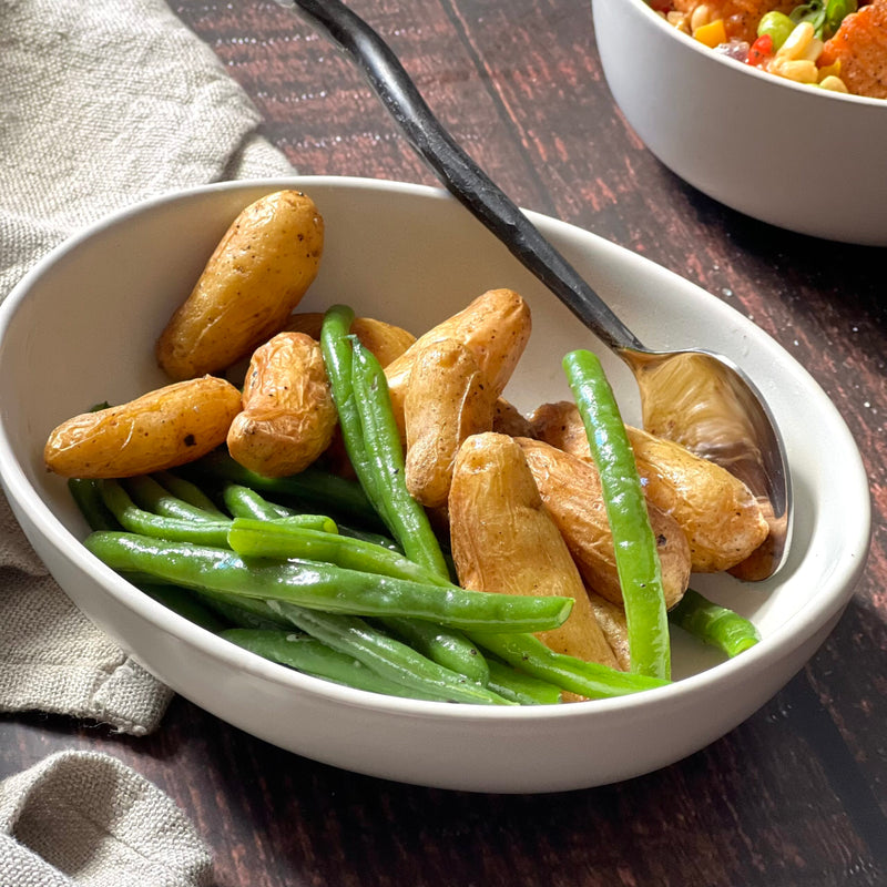 Roasted Fingerling Potatoes with Green Beans Almondine