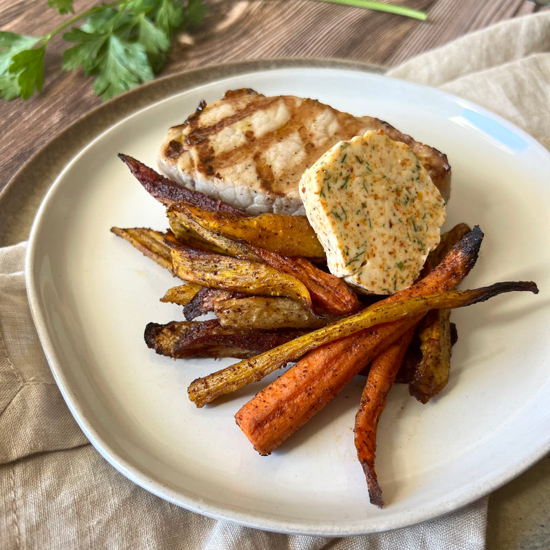 Grilled Pork Chop with Chili Lime Butter & Sumac Roasted Rainbow Carrots