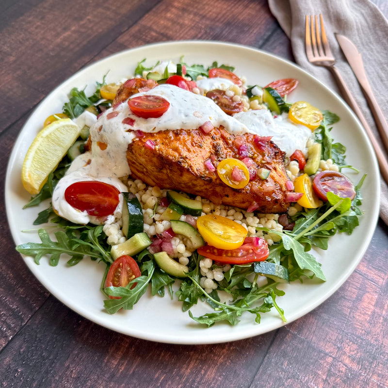Mediterranean Salmon Bowl with Israeli Couscous