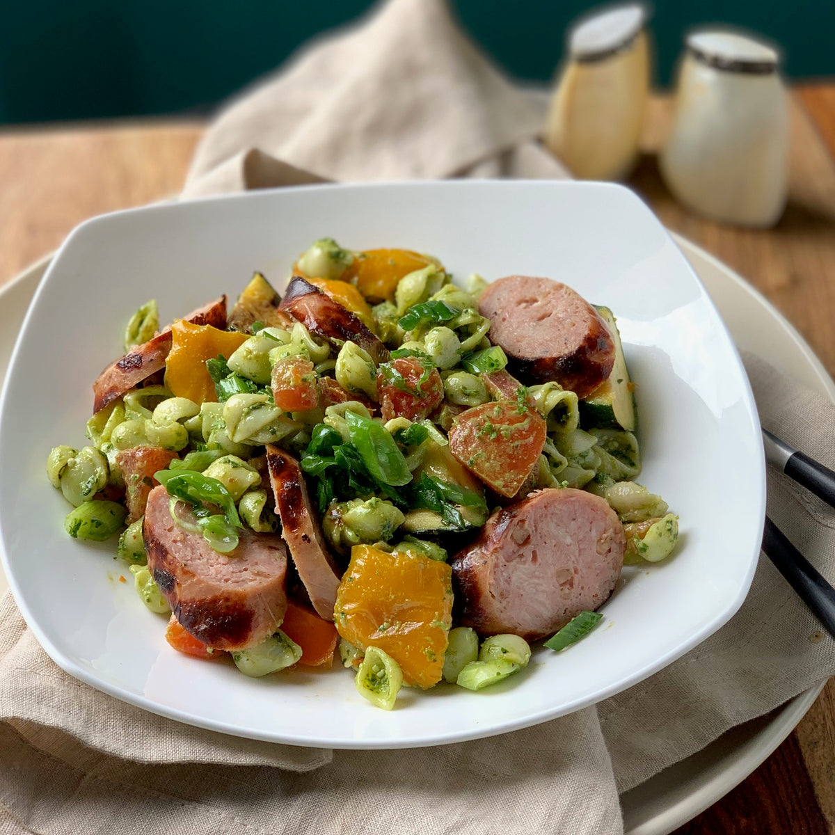 Pesto Pasta Shells with Chicken Basil Sausages