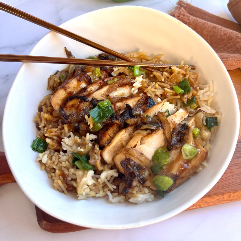 Mongolian Chicken Over Garlic Rice