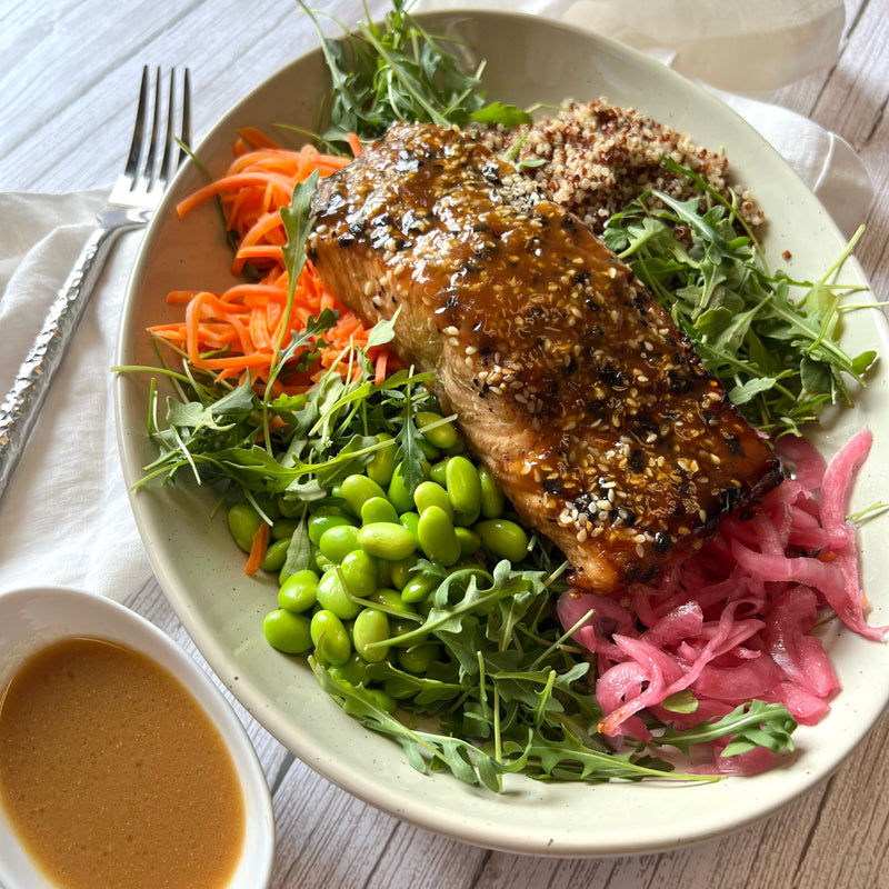 Salmon Teriyaki Salad with Miso Ginger Quinoa